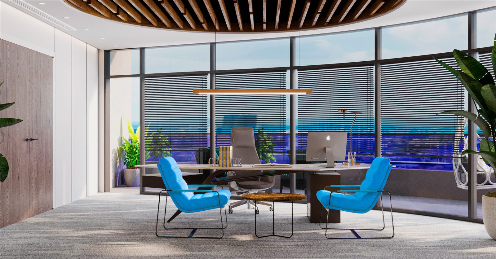 Setel office interior with a meeting table and daylight-filled windows